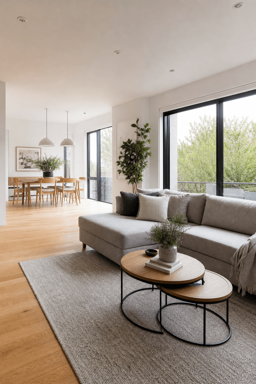 Jasny salon z szarą sofą i strefą jadalnianą